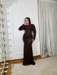 فستان شيفون بني بحزام كورسيه مطرز